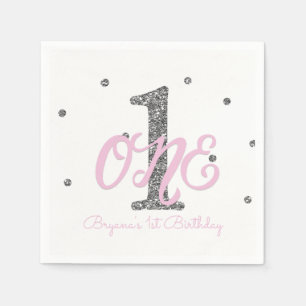 Serviette En Papier Pink & Silver Girls ONE 1er anniversaire