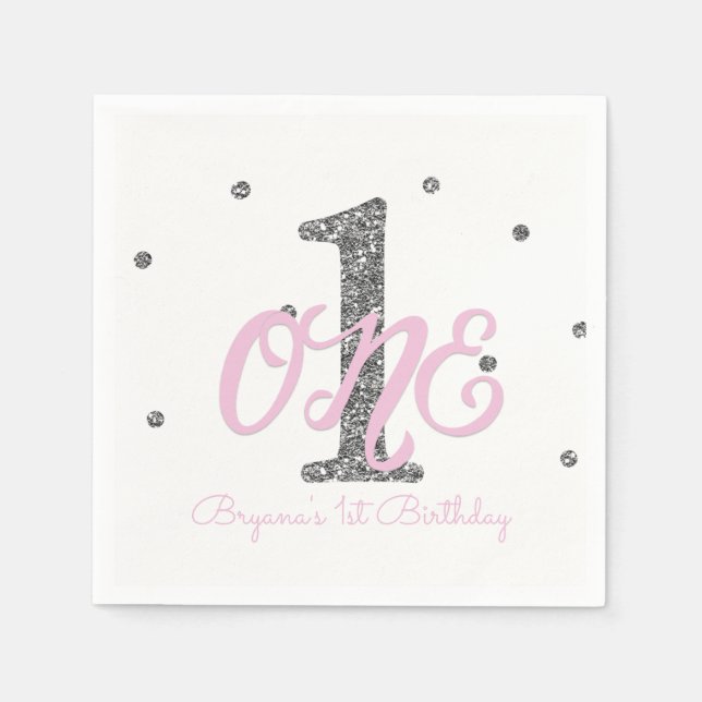 Serviette En Papier Pink & Silver Girls ONE 1er anniversaire (Devant)