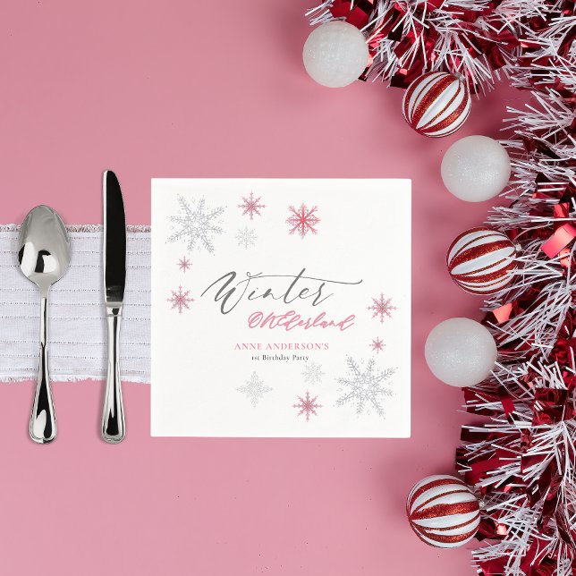 Serviette En Papier Pink Silver Winter Snowflakes 1st Birthday  (Créateur téléchargé)