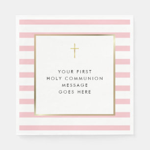 Serviette En Papier Pink Stripe Gold Cross Holy Communion Message