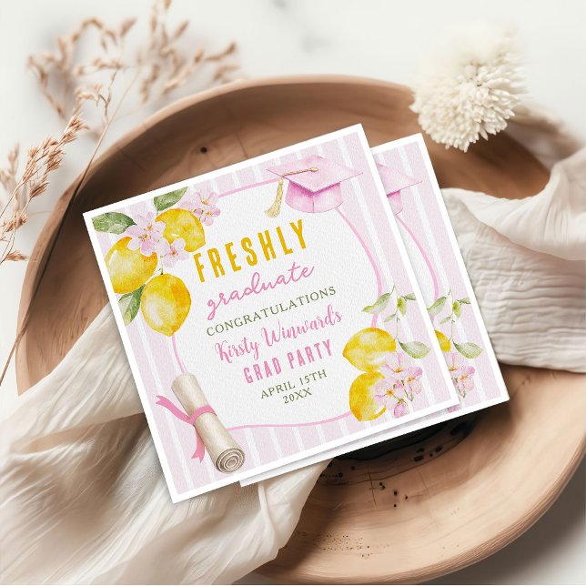 Serviette En Papier Pink Stripes Lemons and Flowers Graduation (Créateur téléchargé)