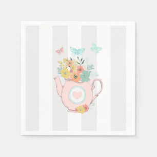 Serviette En Papier Pink Teapot with Flowers & Butterflies