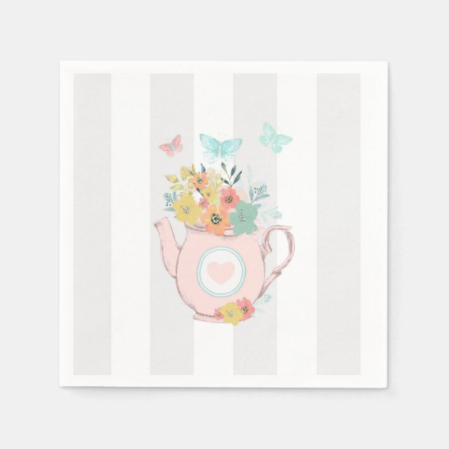 Serviette En Papier Pink Teapot with Flowers & Butterflies (Devant)
