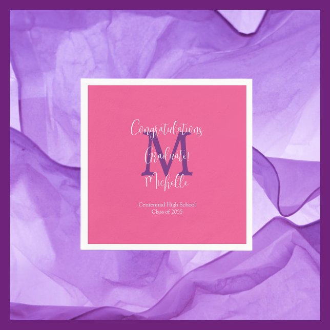 Serviette En Papier Pink violet blanc Monogrammé Parti de graduation (Créateur téléchargé)