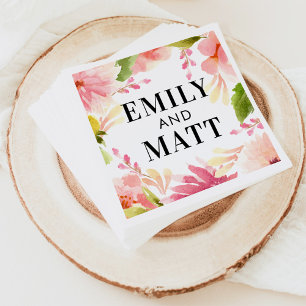 Serviette En Papier Pink Watercolor Flowers Mariage Monogramme