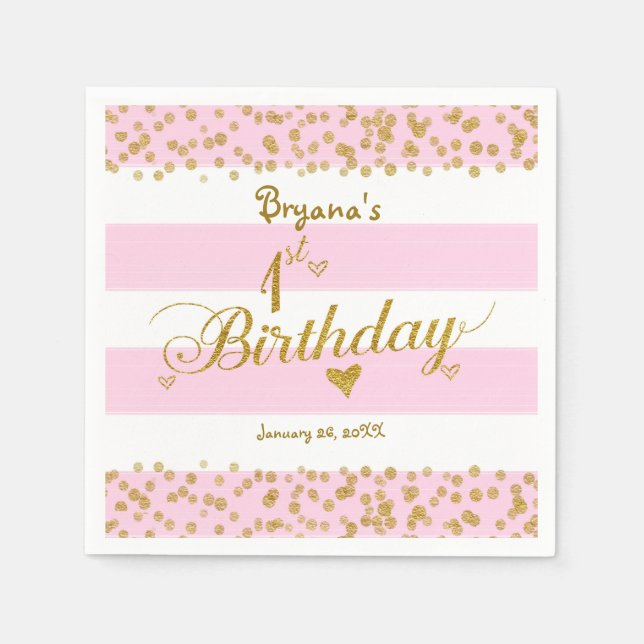 Serviette En Papier Pink White & Gold 1ER anniversaire de fête Napkins (Devant)