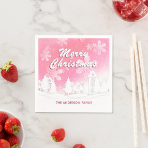 Serviette En Papier Pink White House Snowflakes Joyeux Noël
