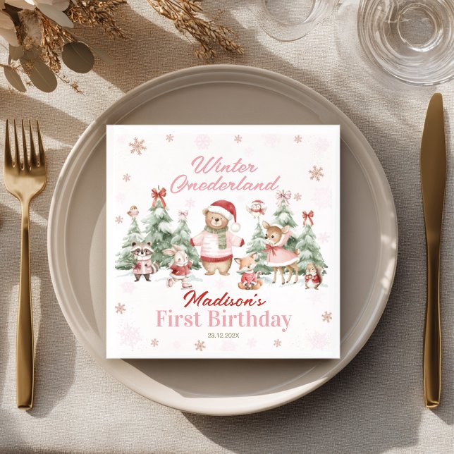 Serviette En Papier Pink Winter Onederland Woodland Animals Birthday (Créateur téléchargé)