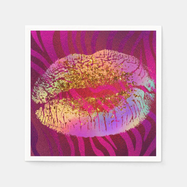 Serviette En Papier Pink Zebra Print Rainbow Gold Parties scintillant  (Devant)