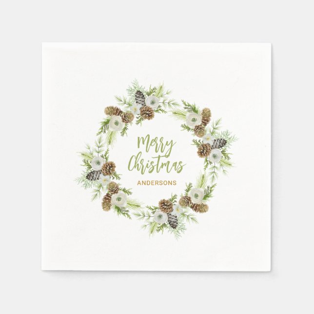 Serviette En Papier Pins floraux verts couronne de Noël (Devant)