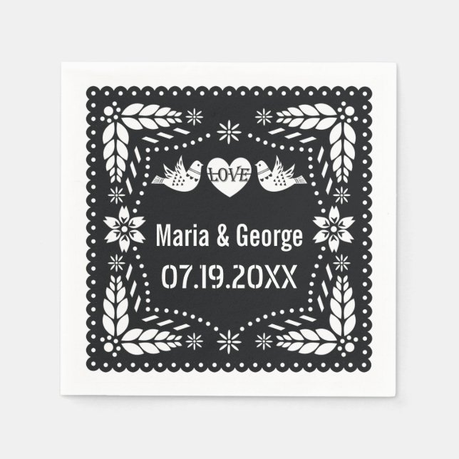 Serviette En Papier Pique picado noir et blanc inséparables mariage (Devant)