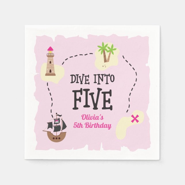 Serviette En Papier Pirate Map plonger dans cinq rose 5e anniversaire (Devant)