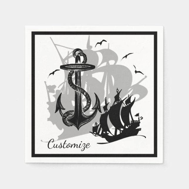 Serviette En Papier Pirate Ship & Ancres Black Silhouette Napkins (Devant)