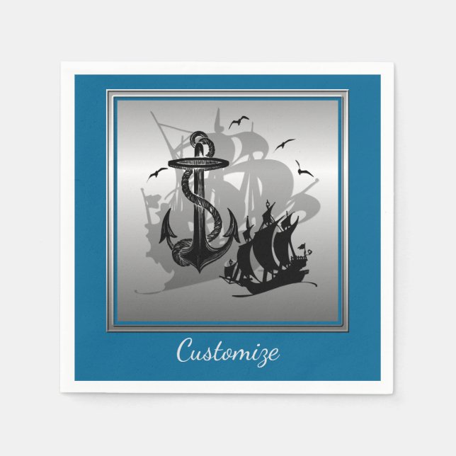 Serviette En Papier Pirate Ship & Ancres Black Silhouette Napkins 4 (Devant)