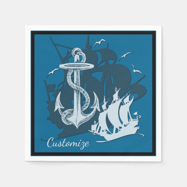 Serviette En Papier Pirate Ship & Ancres Blanc Silhouette Napkins (Devant)