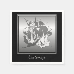 Serviette En Papier Pirate Ship & Ancres Blanc Silhouette Napkins 2