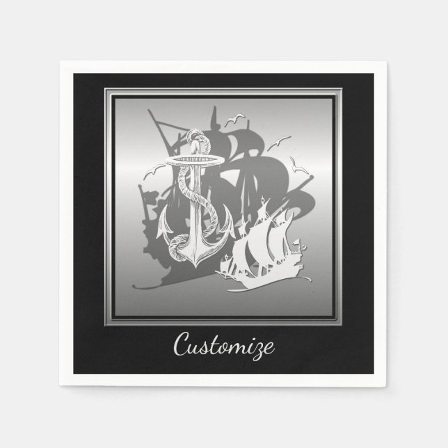 Serviette En Papier Pirate Ship & Ancres Blanc Silhouette Napkins 2 (Devant)