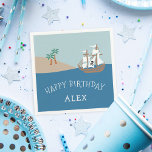 Serviette En Papier Pirate Ship Kids Birthday Party<br><div class="desc">Ahoy, matey! Make your little one's birthday party extra special with these adorable pirate themed stickers. Design features a pirate ship sailing on the high seas, headed for a sandy beach lined with palm trees. Add two lines of custom text using the fields provided -- shown with "happy birthday" and...</div>