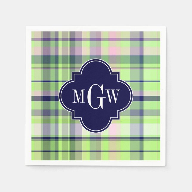 Serviette En Papier Pistachio Marine rose What Preppy Madras Monogramm (Devant)