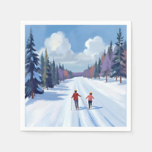 Serviette En Papier Piste de ski Aquarelle d'hiver de ski en montagn
