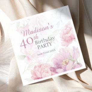 Serviette En Papier Pivoine aquarelle rose poudré 40e anniversaire