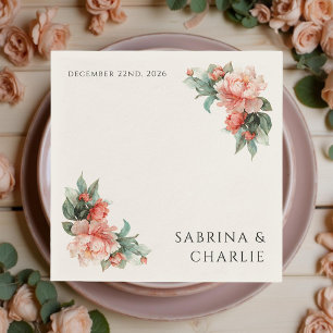 Serviette En Papier Pivoine Corail Rose Pâle Élégante Fleur de Mariage