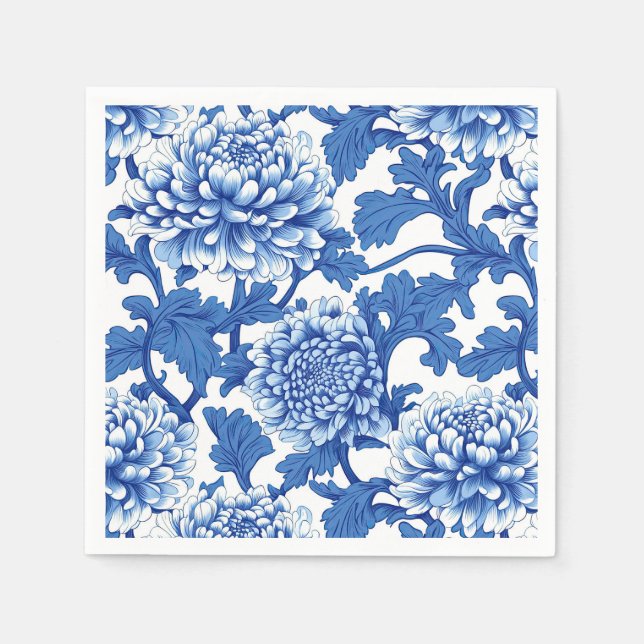 Serviette En Papier Pivoine florale en chinoiserie bleue et blanche (Devant)