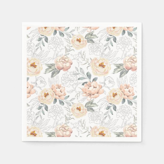 Serviette En Papier Pivoines à motif floral aquarelle rose (Devant)