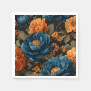 Serviette En Papier Pivoines Bleu Profond et Orange Doré