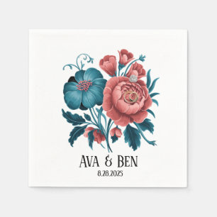Serviette En Papier Pivoines corail et sarcelle Bouquet doré Bagues de