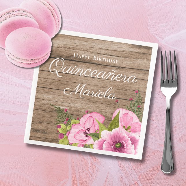 Serviette En Papier Pivoines Roses Rustiques Quinceañera (Créateur téléchargé)