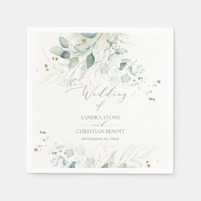 Serviette En Papier PixDezines Faux Gold Aquarelle Mariage Eucalyptus (Devant)