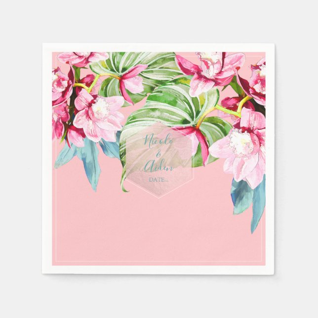 Serviette En Papier PixDezines Orchidée rose+Palms Mariage tropical (Devant)