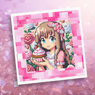 Serviette En Papier Pixel Art Girl's Pink Birthday Party
