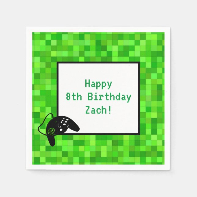 Serviette En Papier Pixels de jeu vert | Fête d'anniversaire personnal (Devant)