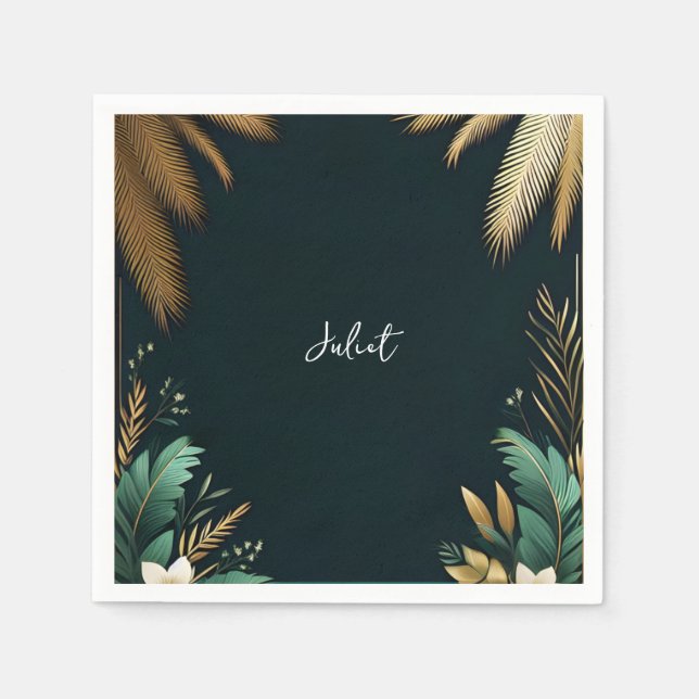 Serviette En Papier Plage aux palmiers verte et or Baby Shower de mari (Devant)