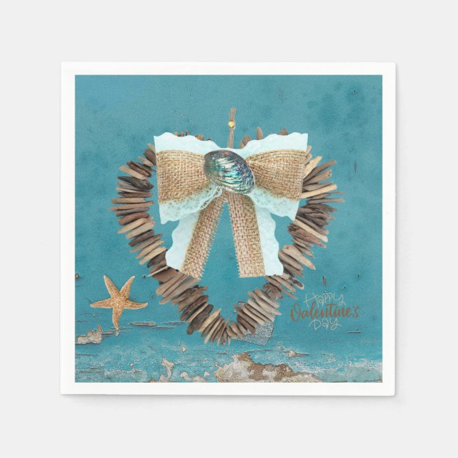 Serviette En Papier Plage côtière Thème Driftwood Coeur Saint Valentin (Devant)