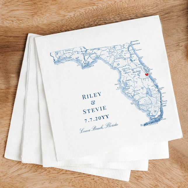Serviette En Papier Plage de Cocoa Floride Carte Mariage élégant (Elegant Cocoa Beach Florida map wedding napkins in navy blue by Coastal Map Designs)