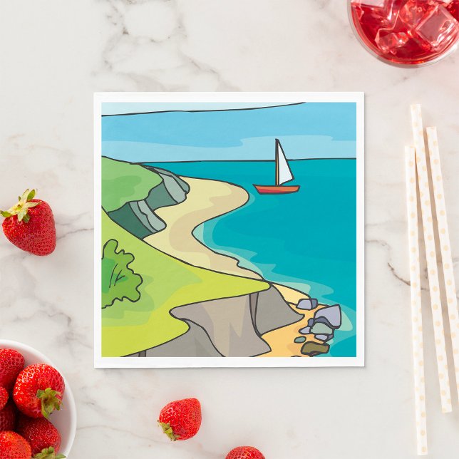 Serviette En Papier Plage de falaise côtière voilier (Créateur téléchargé)