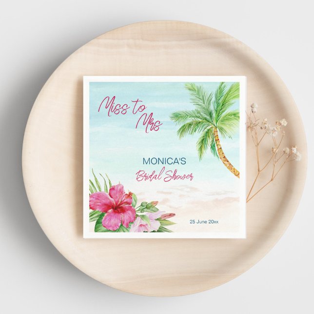 Serviette En Papier Plage d'été tropicale douche de mariée imprimée (Summer beach tropical bridal shower printed napkins personalized tableware pink hibiscus palm tree)