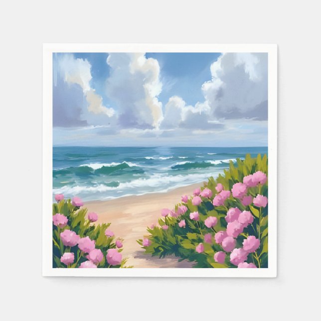 Serviette En Papier Plage en fleurs | Hydrangea rose Côte océane côtiè (Devant)