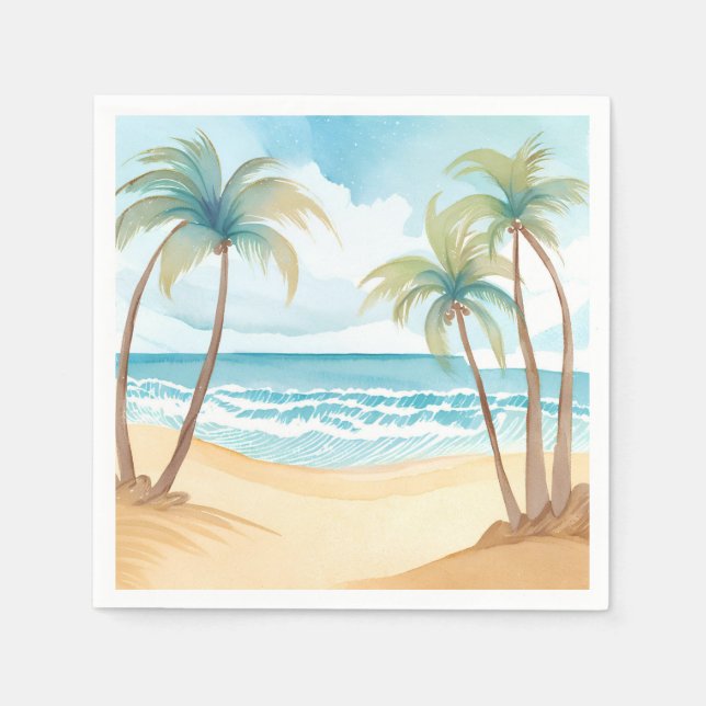 Serviette En Papier Plage Hawaïenne | Aquarelle Tropicale Palmier (Devant)