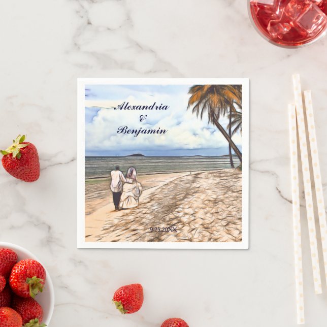 Serviette En Papier Plage Mariage Mariage Salle Aquarelle Palm Personn (En situation)