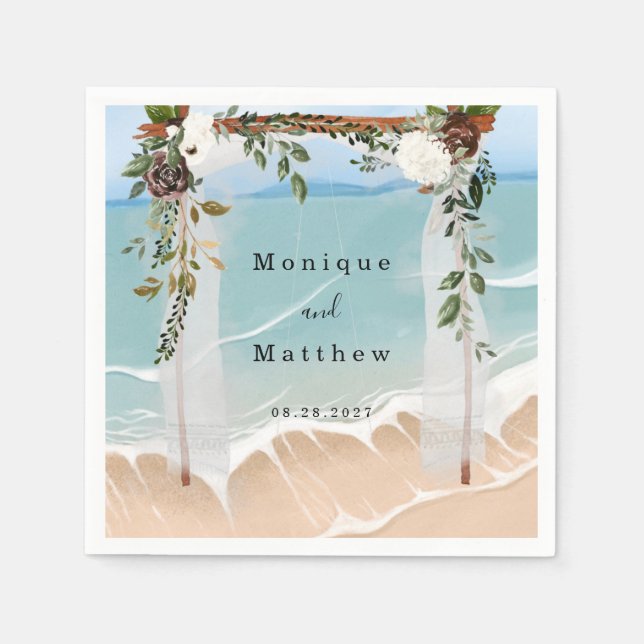 Serviette En Papier Plage Océan Blanc Canopée Floral Moderne Mariage (Devant)