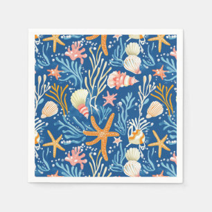 Serviette En Papier Plage Rétro Coquillages Orange Rose Jaune Bleu