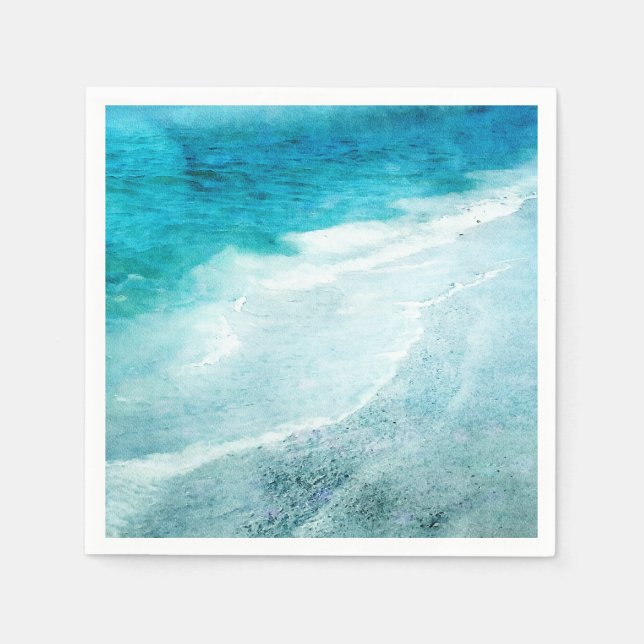 Serviette En Papier Plage Retro - Côte Turquoise Bleu Océan Aquarelle (Devant)