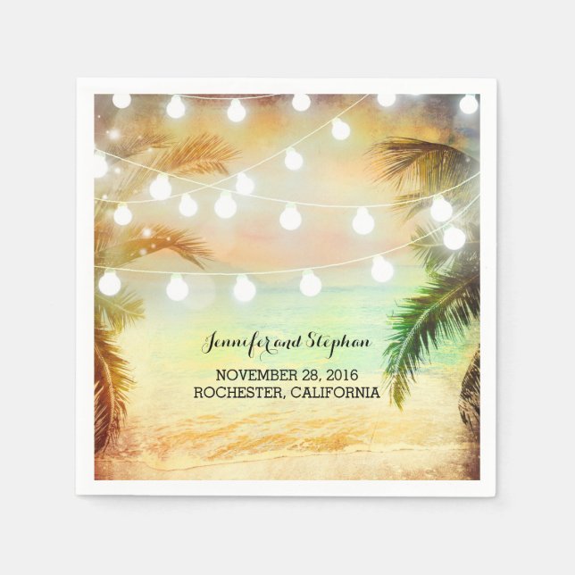 Serviette En Papier Plage Sunset Palms and String Lights Mariage (Devant)