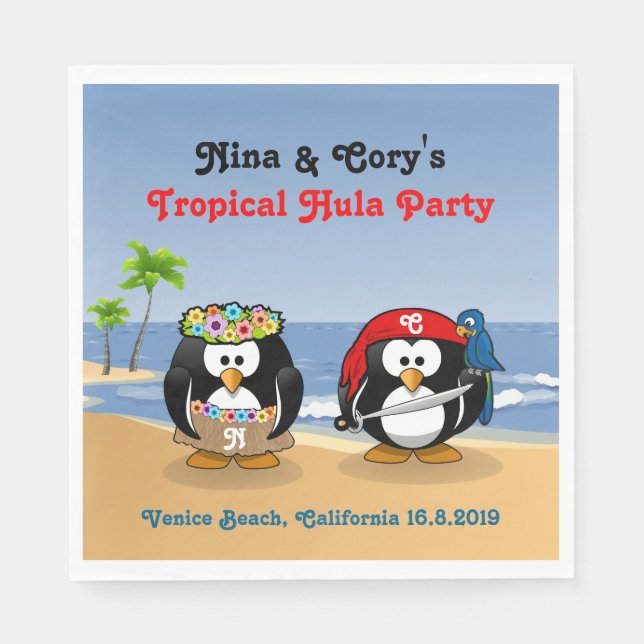 Serviette En Papier Plage Tropical Penguins Couple Hula Pirate Island (Devant)