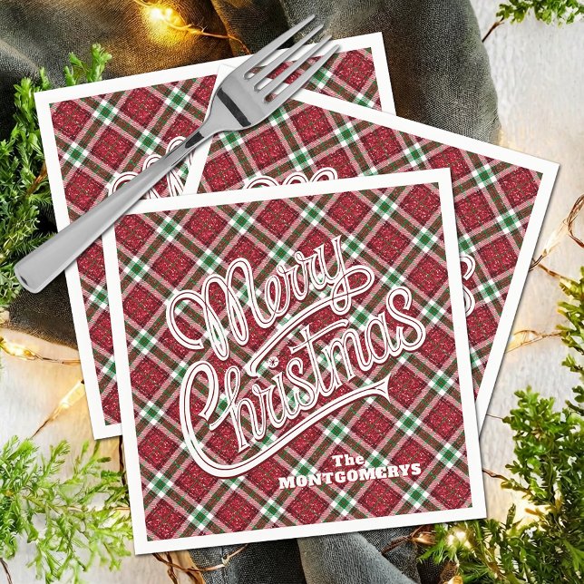 Serviette En Papier Plaid de Noël scintillant joyeux (Sparkly Merry Christmas Plaid Cocktail Party Napkins)