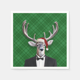 Serviette En Papier Plaid drôle de vert de cerfs communs de Noël de